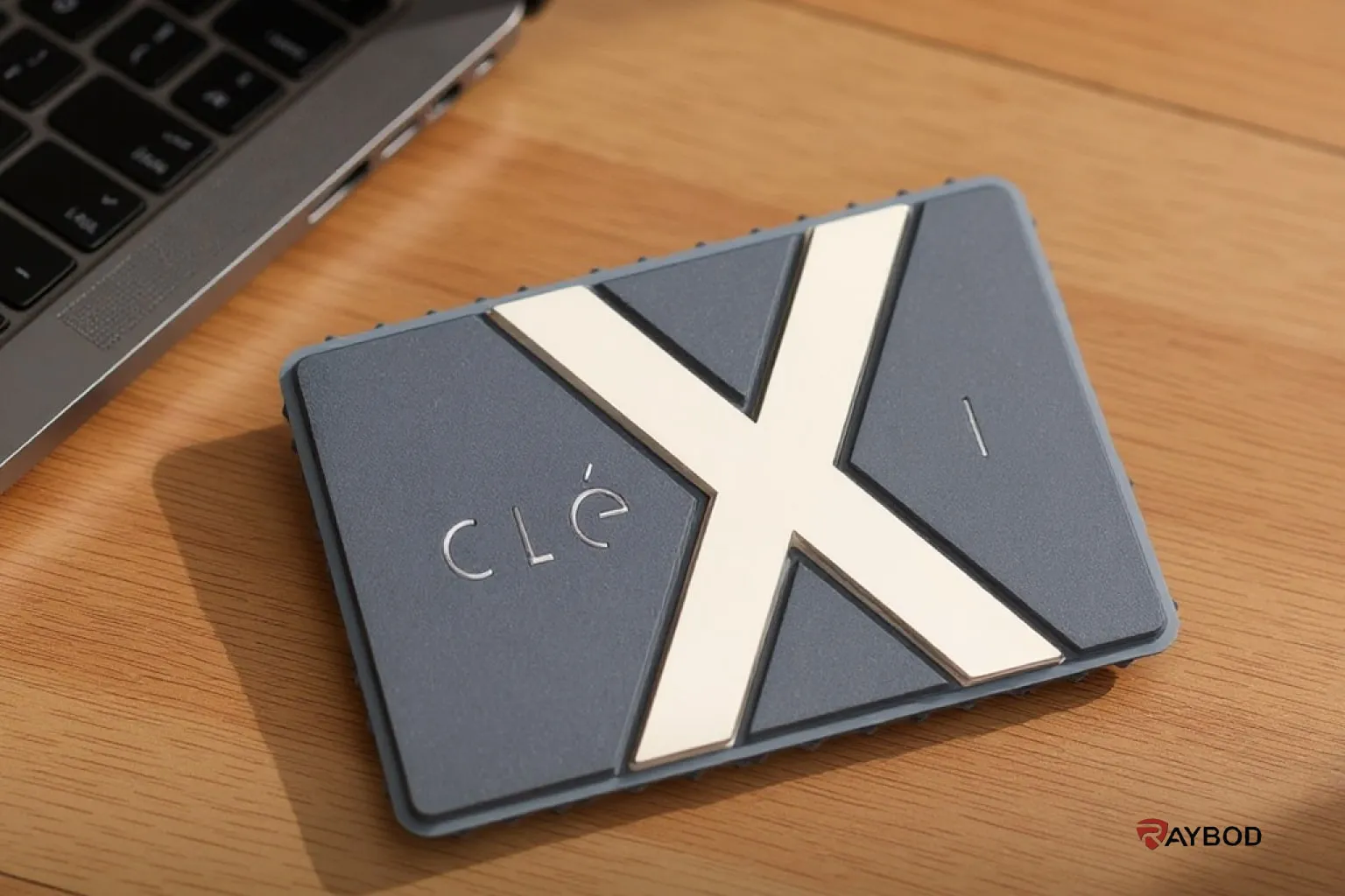 هارد اکسترنال Clexi روی میز چوبی در کنار لپ‌تاپ