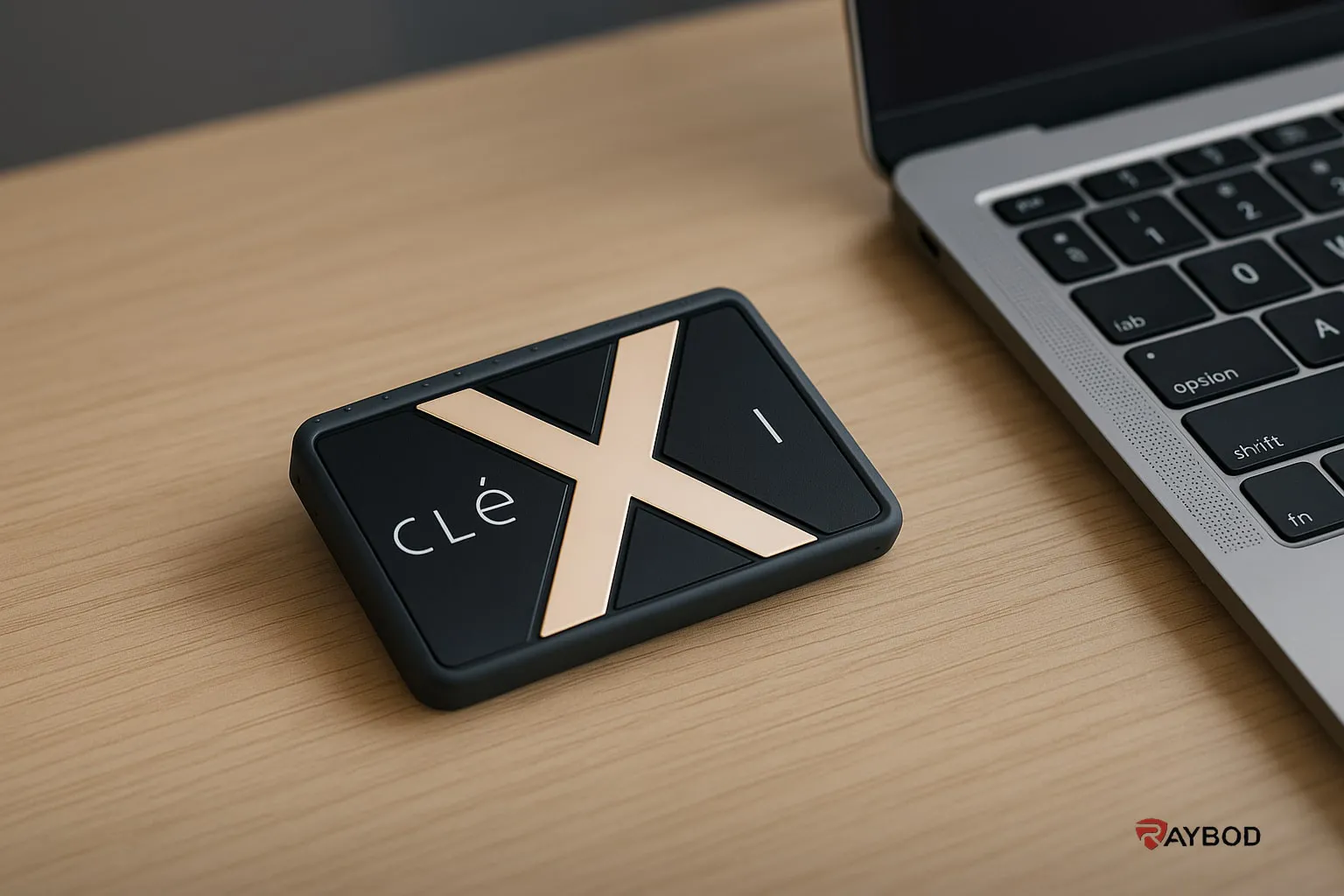 هارد اکسترنال سفید Clexi در کنار لپ‌تاپ روی میز چوبی